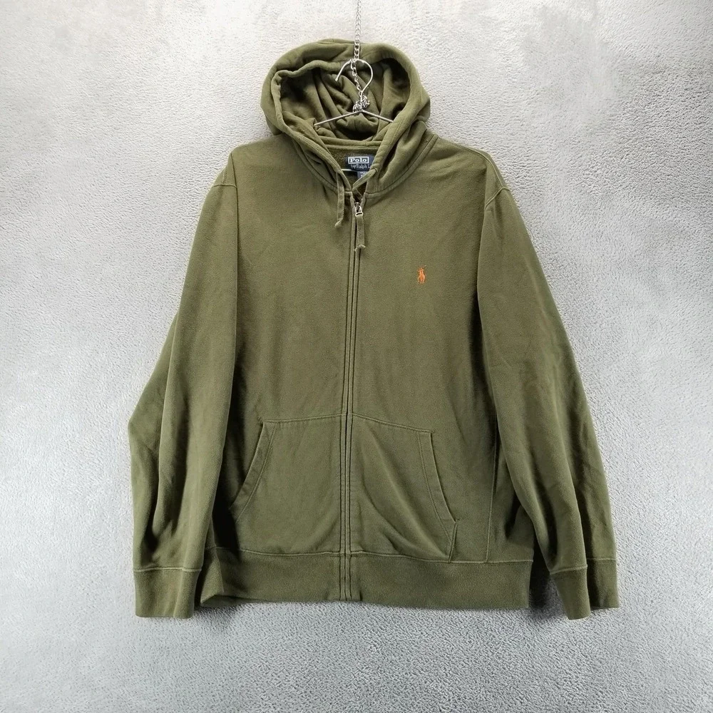 Polo Ralph Lauren Hoodie Mens L Green Full Zip‎ Fleece Pony Logo Kangaroo Pocket